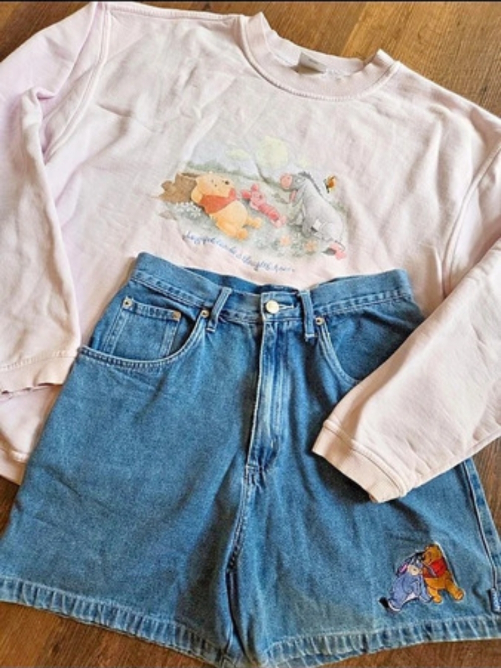 Vintage Disney Store Pooh Sweatshirt And Vintage Pooh And Eeyore Denim Shorts